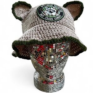 Dark Green/Beige Crochet Bucket Hat with Ears